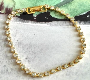 Stunning Dainty Gold Tone Rhinestones 7" Tennis Bracelet - Picture 1 of 7