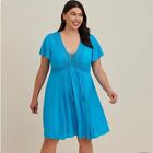 Torrid Women&#39;s Blue V-Neck Tassle Tie Front Lined Guaze Dress Lace Size 6X