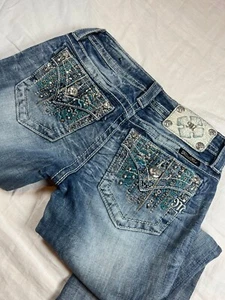 Miss Me Signature Bootcut Jeans Denim Womens 26x32.5 Rhinestone Stud Embroid Y2K - Picture 1 of 24