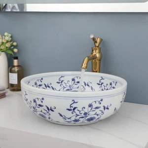 US 16"Bathroom Vessel Sink Round Ceramic Basin Mixer Deck Mounted Gold Drain Tap - Picture 1 of 10
