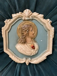 Vintage Chalkware Sacred Heart Jesus Wall Hanging ~ Plaque - Picture 1 of 5