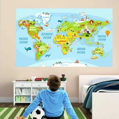 Animals World Map Wall Art Stickers Mural Decal Kids Bedroom School Nursery ES3 - Image 1 of 2