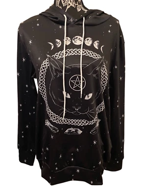 FancyQube Gato Negro Sudadera con Capucha Luna Pentagrama Gótico Punk Grunge Bruja Oculta Foto 1 de 4