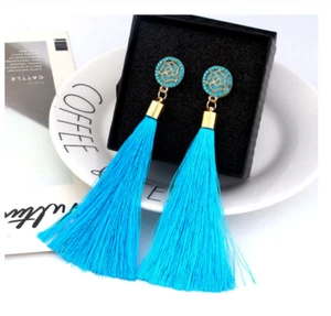 Blue Long Tassel Gold Floral Rhinestone Dangle Earrings Prom Party Elegant - Picture 1 of 3