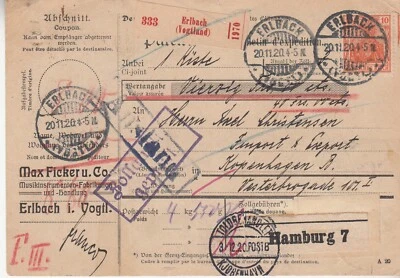 Germany: Parcel Card: Erlbach, Vogtland, to Copenhagen, Denmark, 20 Nov 1920 - Image 1 of 2