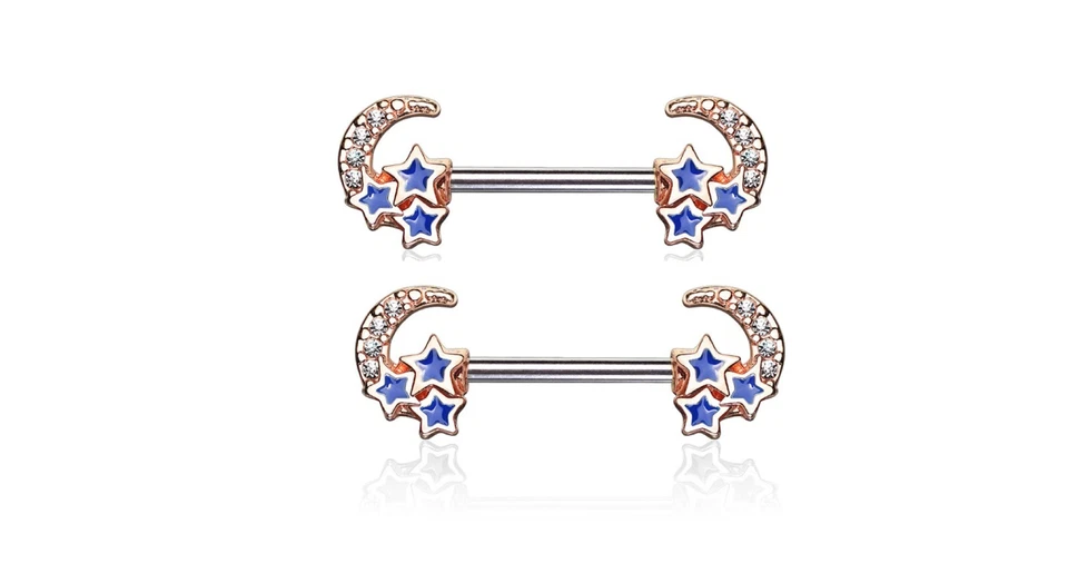 Par de barras protectores para pezones 3 estrellas azules luna creciente pavimentada circonita cúbica joyería corporal Foto 1 de 1