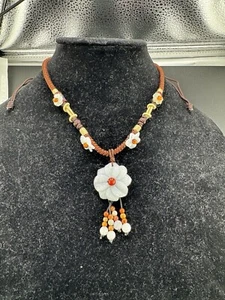 Handmade Floral Carved Stone Necklace Beautiful Beaded  Jewelry See Pics  - Picture 1 of 5