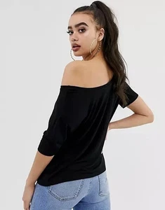 Women cold shoulder batwing short sleeve oversized Tshirt plain Bardot Top LXL - Picture 1 of 14