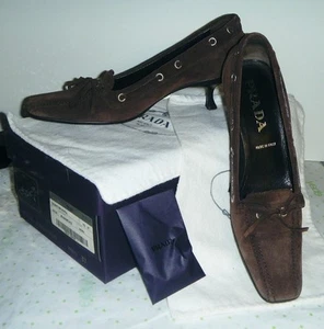PRADA Calzature DONNA Chocolate Brown Suede Leather Lacing Kitten Heels 6.5 37! - Picture 1 of 12