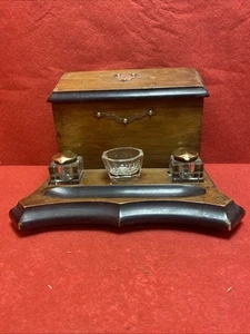 Antique Desktop Organiser Stationary Letter Box Double Inkwell Brass Detail - Picture 1 of 14