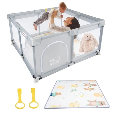 灰色婴儿和围栏,49'x49',便携式带垫子和环,安全泡沫盖,前... — 第 1/4 张图片