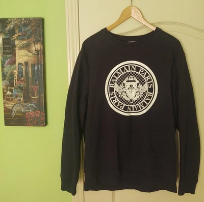 Balmain Navy Blue Crewneck Sweater with White Round Paris Emblem XL - Image 1 of 4