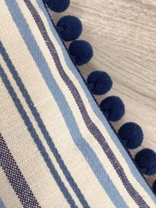 15”x 15” Cushion Cover, Pom Pom Trim , John Lewis Ottoman Stripe Fabric, Blue - Picture 1 of 6