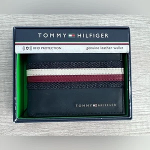 Tommy Hilfiger Men's Denim Stripe Overlay Leather RFID Passcase Wallet - Picture 1 of 9