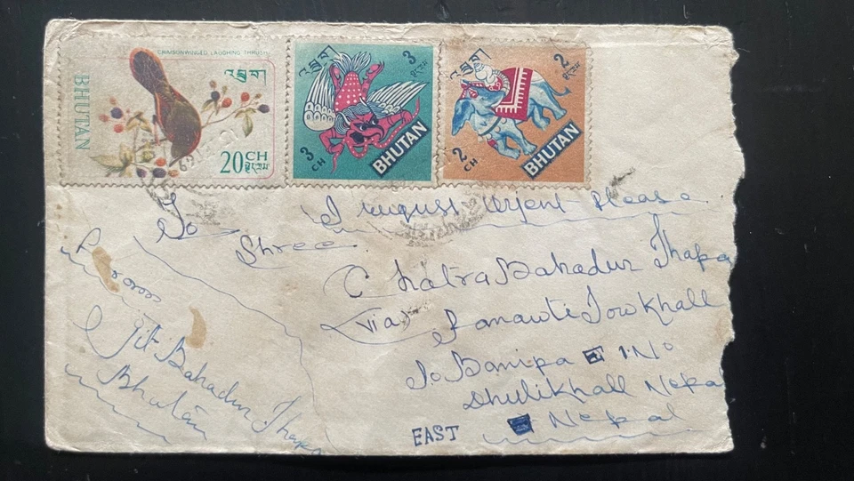 Cubierta de Bután años 70 a Nepal con franqueo mixto - pájaros, figuras míticas, tigre Foto 1 de 2