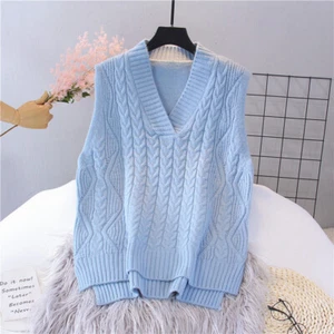 Women Knitted Sweater Vest Autumn Pullover Loose V-Neck Sleeveless Waistcoat - Picture 1 of 18