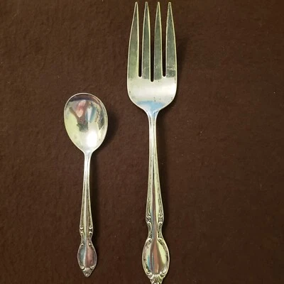 Vtg Mid Century 1954 Precious Mirror Silverplate Meat Fork Sugar Spoon Serving - Image 1 of 4