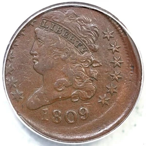 Moneda de medio centavo cabeza clásica 15% de descuento en el centro 1809 C-6 ANACS VF 20 detalles 1/2 c - Imagen 1 de 3