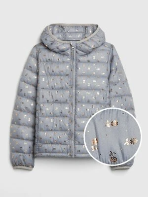 New GAP Kids Girl Floral Foil Heather Gray Cold Control Down Puffer 12 Light - Image 1 of 4