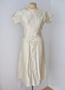 Vtg 50s Rockabilly champagne silk shantung cocktail swing dress full skirt bow S - Picture 1 of 6