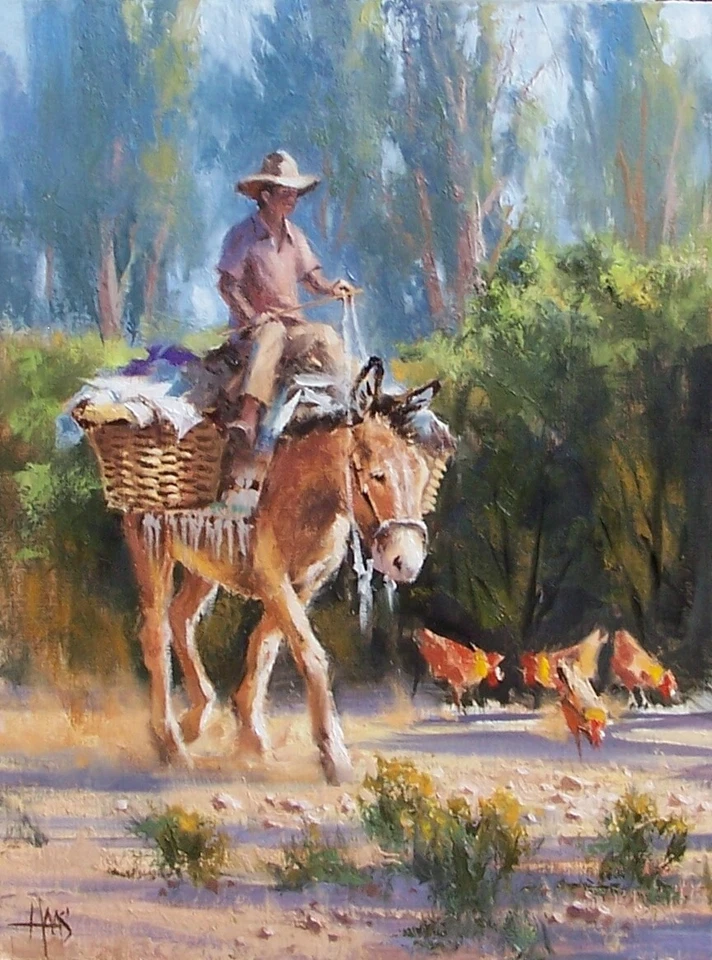 Pintura TOM HAAS 'Ruta Rural' Óleo 16"x12" Santa Fe Nuevo México Burro Pollos Foto 1 de 2