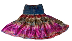 Childs Denim Jean & Bright Color Print Tiered Fabric Skirt Boho - Picture 1 of 9