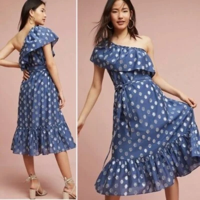 Vestido midi Shoshanna Anthropologie Mykonos azul plateado de un hombro 8 Foto 1 de 4