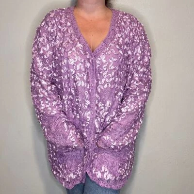 Vintage Lavender Ellim USA Women's Jacket Embroidered Beaded Long Sleeve Lace - Image 1 of 4