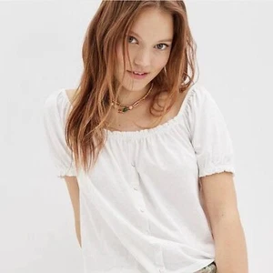 American Eagle Puff Sleeve Button-up Tee Cotton White Size Medium NWT - Picture 1 of 7