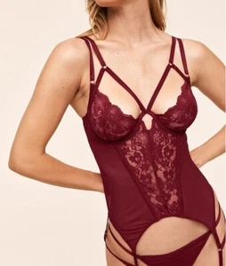 ADORE ME 'VERONIQUE' Sz S Dark Red Lace Strappy Corset Bustier with Garters NWT - Picture 1 of 11