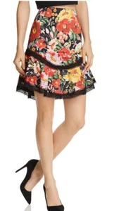ALICE & OLIVIA Eriko Floral Ruffle Mini Skirt 0 XS Black Lace Trimm - Picture 1 of 6