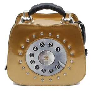 STATEMENT CUTE FAUX LEATHER CRYSTALS RETRO 3D DETAIL TELEPHONE TEXTURED HANDBAG - Picture 1 of 1