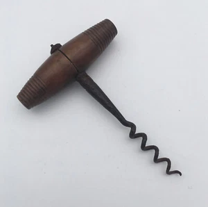 Antique Turned Wood Handle Corkscrew - Wine - Sommelier Helix - Cork Extraction - Picture 1 of 12