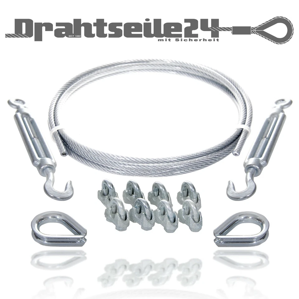 Stahl Seil Drahtseil PVC Ummantelt 3mm 4mm 6mm 8mm Set zum Spannen Spannsystem - Bild 1 von 4