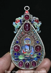 3.6" Old Chinese Buddhism Silver inlay gemstone Shakyamuni pendant necklace - Picture 1 of 6