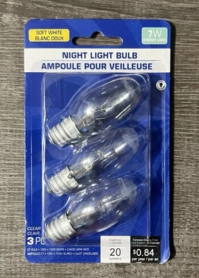 NEW! Night Light Bulbs 3PK Soft White 7W 20 Lumens 120v 1500 Hours Clear C7 - Image 1 of 3