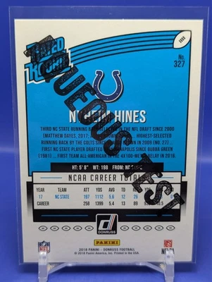Nyheim Hines Rated Rookie SP AQUEOUS TEST 2018 Panini Donruss #327 RC - Image 1 of 2