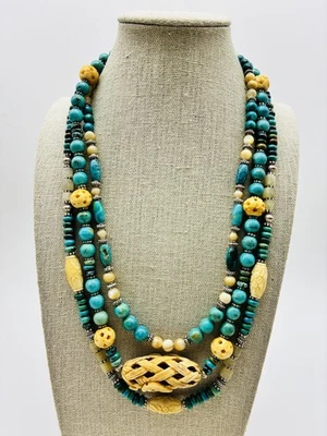 Collar de cuentas de piedra turquesa de varios hilos de plata de ley 925 broche tallado boho Foto 1 de 4