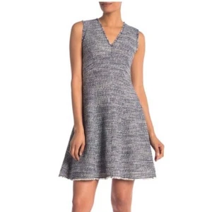 Rebecca Taylor Tweed Fit & Flare Dress Size 6 Blue Cap Sleeve Vneck Tweed Ruffle - Picture 1 of 24