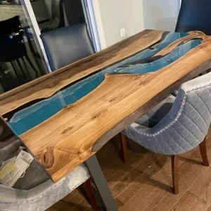 Epoxy Resin Table Top Dining Blue River Handmade Coffee Center Furniture Wooden - Picture 1 of 3
