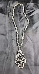Chunky 80s Silver Tone 22" Necklace Swirl Art Deco Style Pendant - Picture 1 of 7
