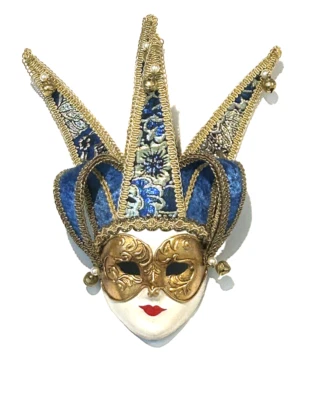 Venetian-Style Jester Wall Mask, Blue & Gold Carnival Decor,  11'' Hand Made - Image 1 of 3