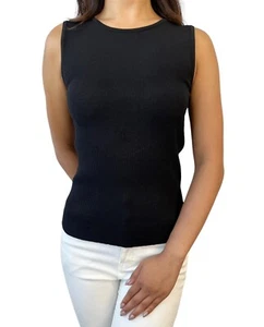 CHANEL Vintage 05P CC Logo Summer Knit Tank Top #38 Rib Round Neck Black Cotton - Picture 1 of 10