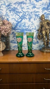 Legras-Montjoye Paar Paar Vasen grün Glas emailliert mit Blumen Jugendstil - Bild 1 von 11