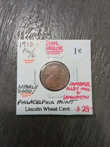 1918 P Lincoln Wheat Cent, Improper Alloy Mix & Reverse Lamination Error (AG/G) - Picture 1 of 4