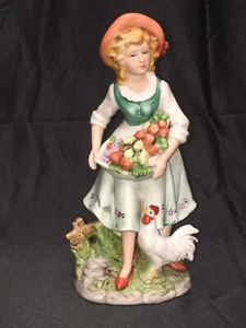 Homco 8” Porcelain Bisque 1888 Country Girl w/Fruit in Apron Chicken & Fence. - Picture 1 of 10