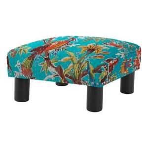 Pemberly Row 16" Square Accent Footstool Ottoman Teal Blue Tropical Floral