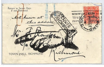 Cubierta AUSTRALIA KGV 1d RETORNO *MANEJA PUNZANTE* Melbourne Richmond 1927 XJ83 Foto 1 de 4