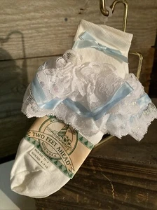 Two Feet Ahead Ankle Pagent Church Socks White & Blue Size 8 - 9.5 Lace Girls - Picture 1 of 4