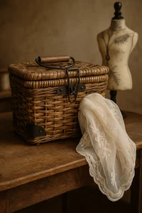 Cesto vintage in vimini con manico in legno e chiusura in metallo - rustico portaoggetti cucito - Foto 1 di 9